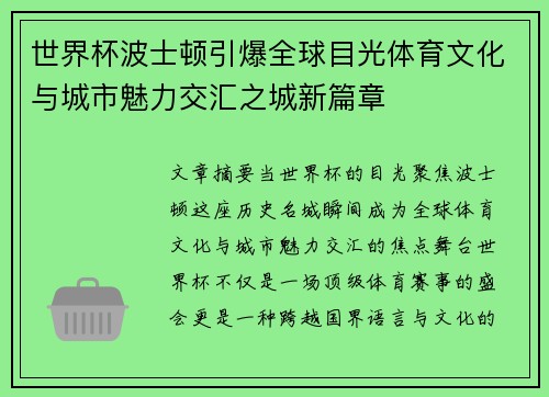 世界杯波士顿引爆全球目光体育文化与城市魅力交汇之城新篇章